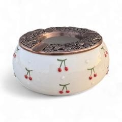 Baby Kiraz Desenli Metal Kapaklı El İşi Seramik Küllük | Rüzgar Küllüğü | Dış Mekan Küllüğü