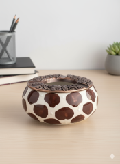 Kahverengi Dalmaçyalı Desenli Metal Kapaklı El İşi Seramik Küllük | Rüzgar Küllüğü | Dış Mekan Küllüğü