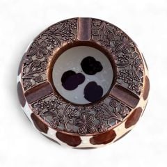 Kahverengi Dalmaçyalı Desenli Metal Kapaklı El İşi Seramik Küllük | Rüzgar Küllüğü | Dış Mekan Küllüğü