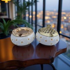 Çayır Papatya Desenli Metal Kapaklı Poyraz Seramik Şekerlik ve Küllük Seti