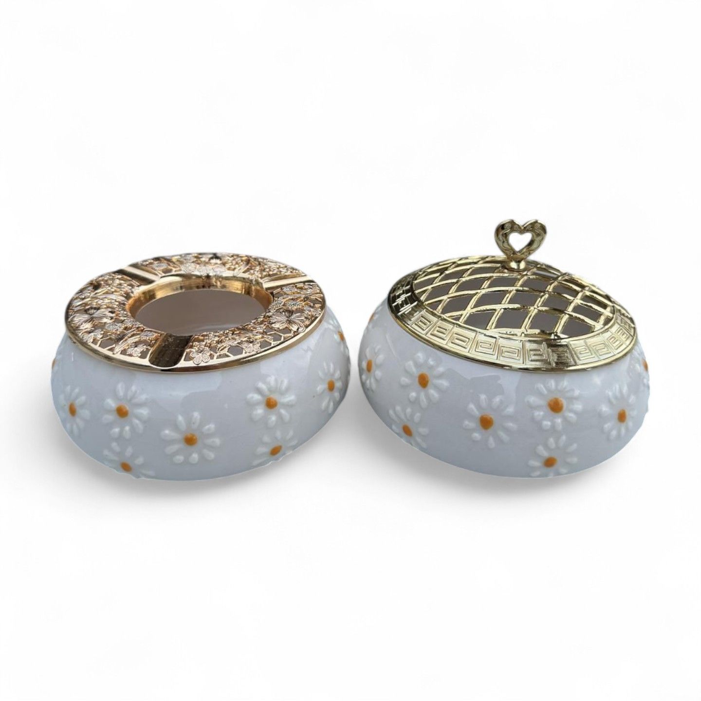 Çayır Papatya Desenli Metal Kapaklı Poyraz Seramik Şekerlik ve Küllük Seti