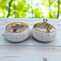 Çayır Papatya Desenli Metal Kapaklı Poyraz Seramik Şekerlik ve Küllük Seti