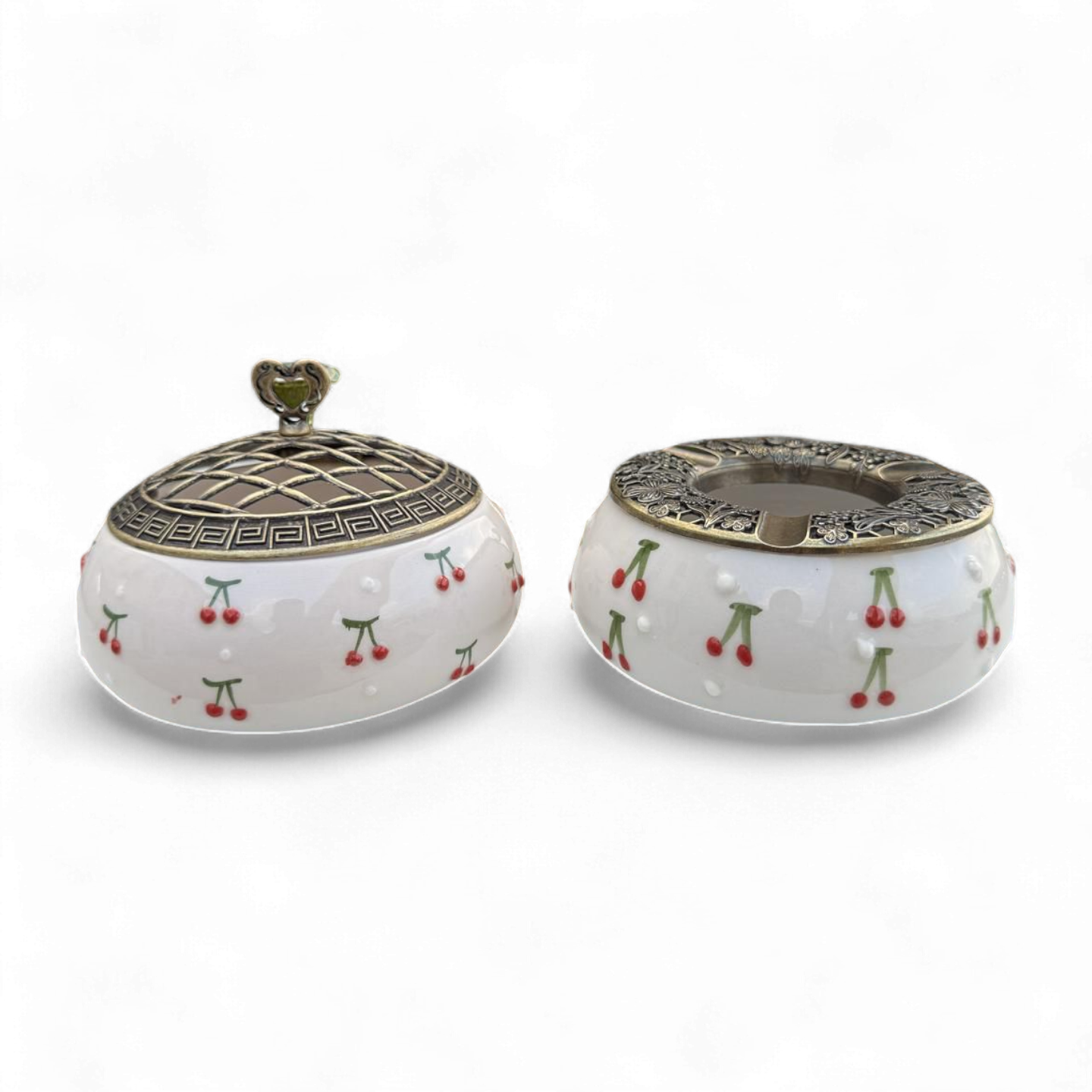 Baby Kiraz Desenli Metal Kapaklı Poyraz Seramik Şekerlik ve Küllük Seti