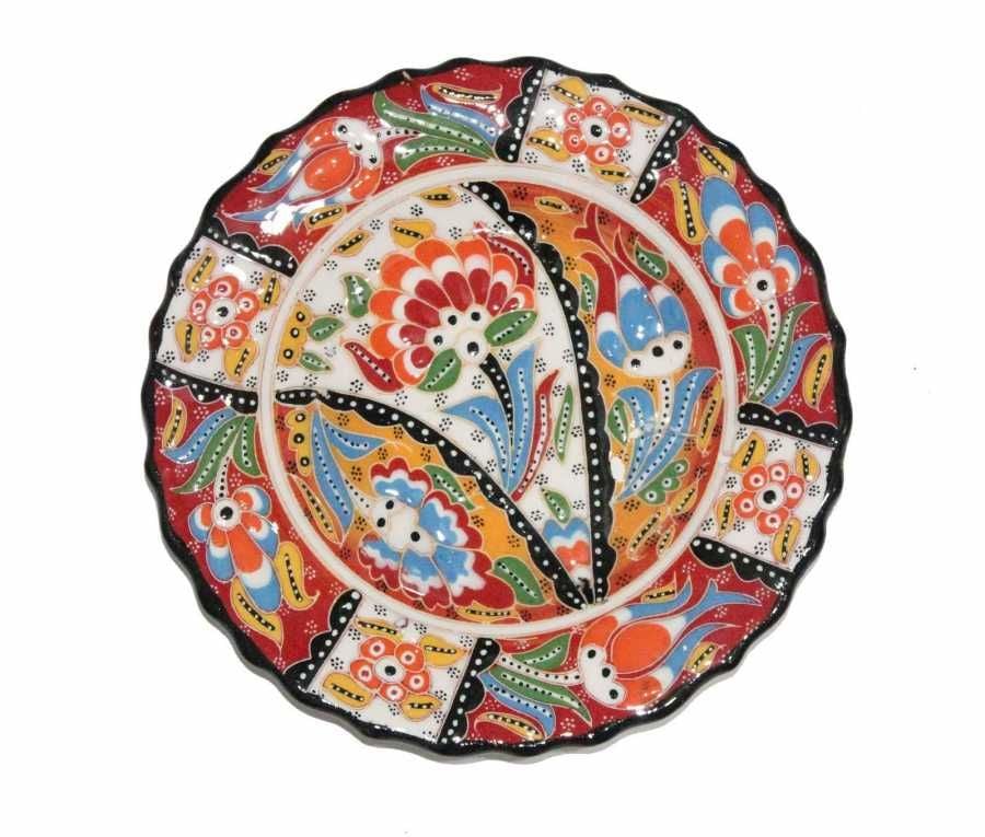 25 cm Otantik Desenli Dekoratif Çini Seramik Tabak - Kırmızı