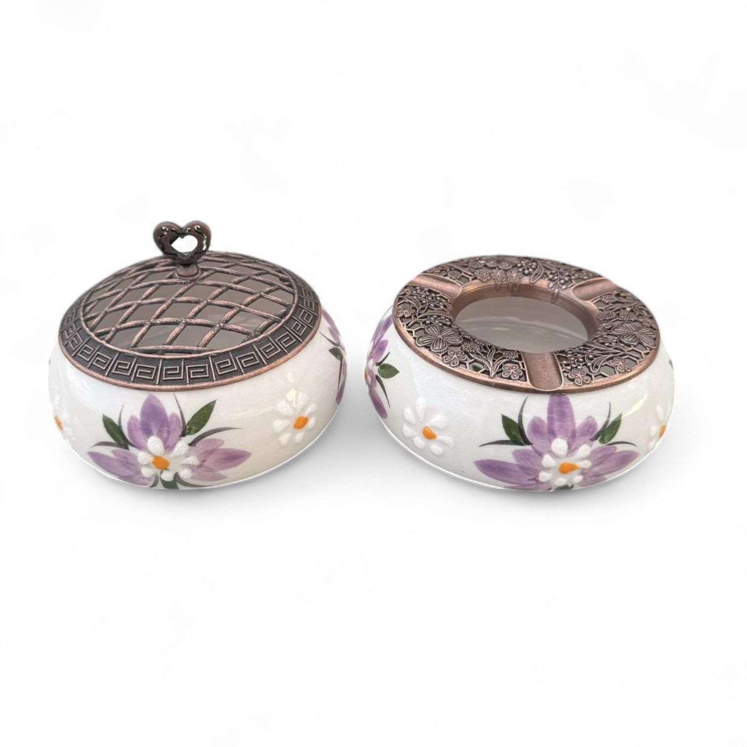 Lila Çiğdem Çiçeği Desenli Metal Kapaklı Poyraz Seramik Şekerlik ve Küllük Seti