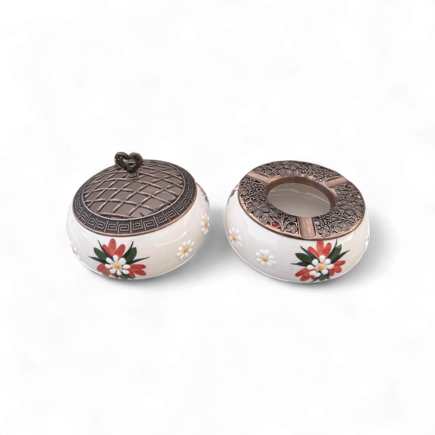 Kırmızı Çiğdem Çiçeği Desenli Metal Kapaklı Poyraz Seramik Şekerlik ve Küllük Seti