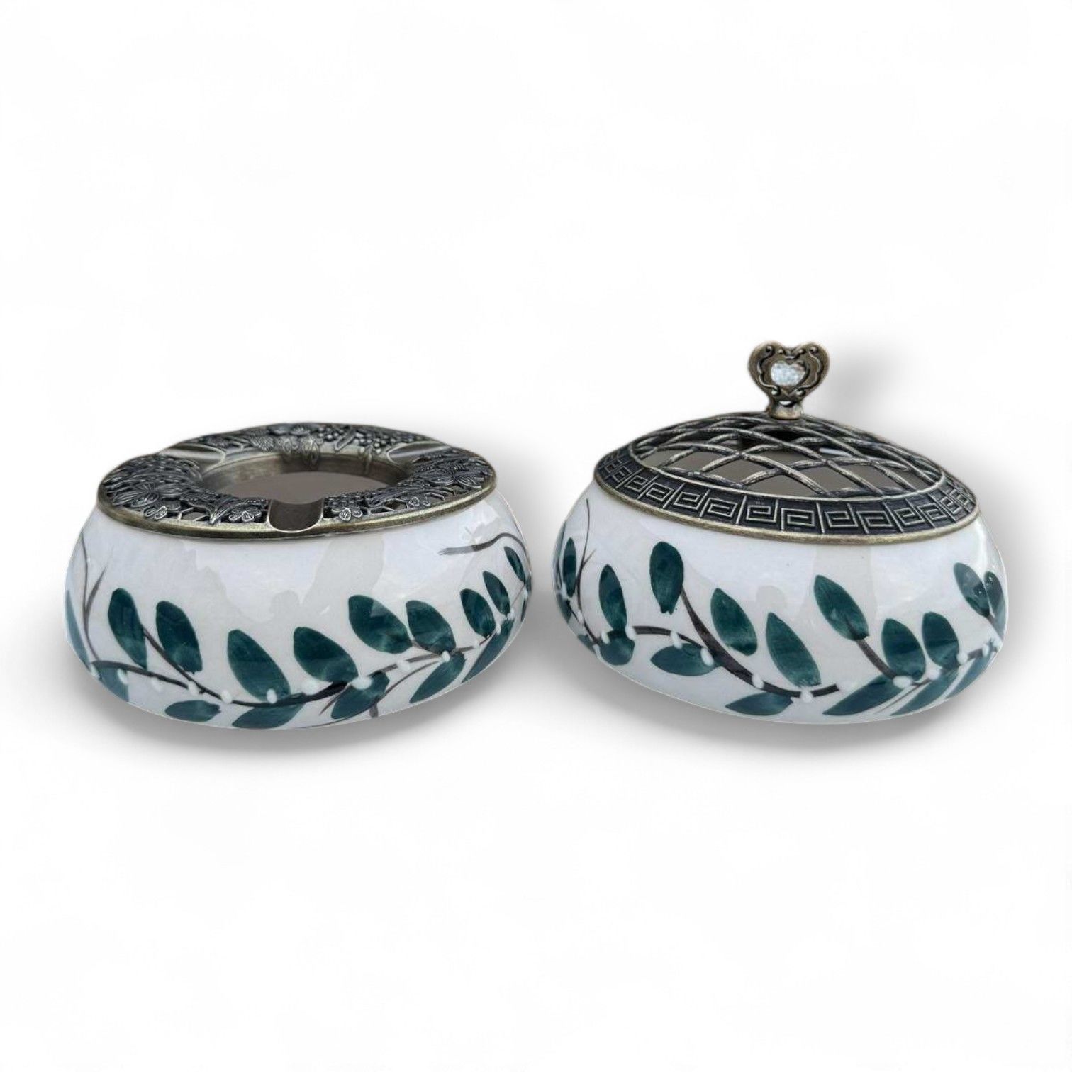 Bahar Dalı Desenli Metal Kapaklı Poyraz Seramik Şekerlik ve Küllük Seti