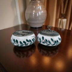 Bahar Dalı Desenli Metal Kapaklı Poyraz Seramik Şekerlik ve Küllük Seti