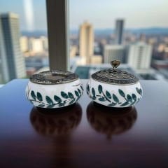 Bahar Dalı Desenli Metal Kapaklı Poyraz Seramik Şekerlik ve Küllük Seti