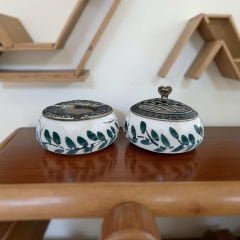 Bahar Dalı Desenli Metal Kapaklı Poyraz Seramik Şekerlik ve Küllük Seti