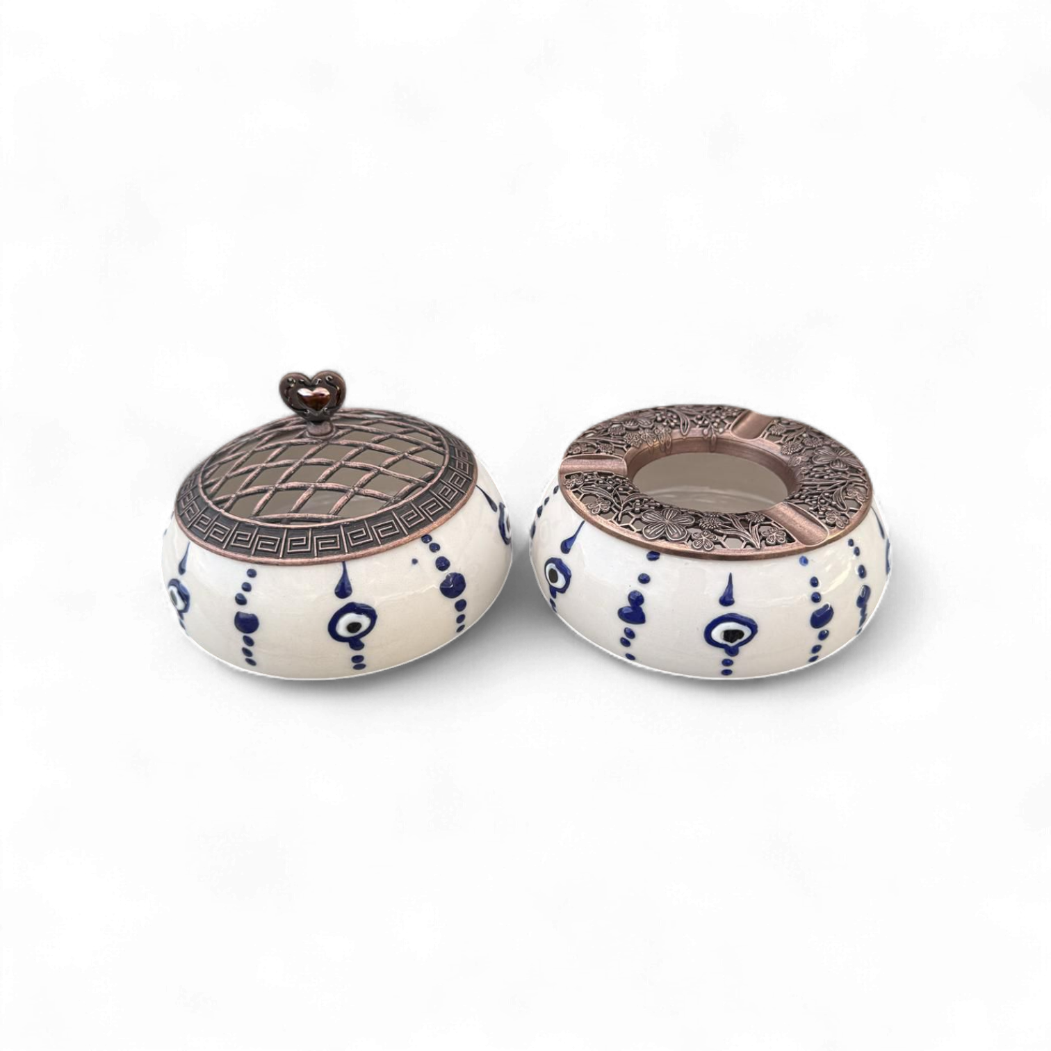 Damla Nazar Desenli Metal Kapaklı Poyraz Seramik Şekerlik ve Küllük Seti