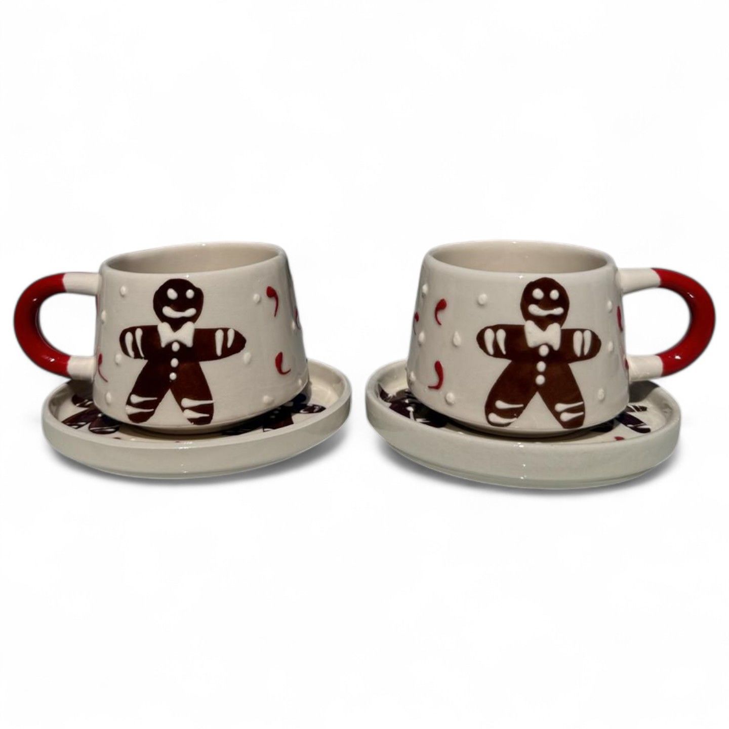 Yıllbaşı Gingerbread Kurabiye Adam  Desenli 2 Adet El İşi Seramik Klasik Kazan Tabaklı Kupa
