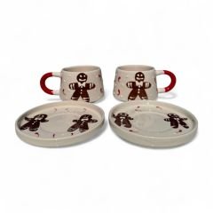 Yıllbaşı Gingerbread Kurabiye Adam  Desenli 2 Adet El İşi Seramik Klasik Kazan Tabaklı Kupa