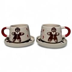 Yıllbaşı Gingerbread Kurabiye Adam  Desenli 2 Adet El İşi Seramik Klasik Kazan Tabaklı Kupa