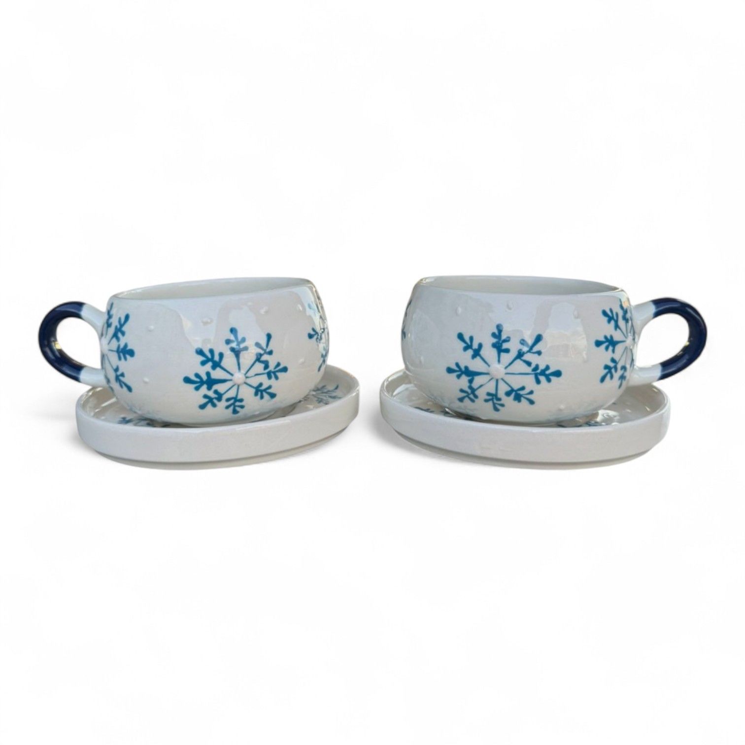 Mavi Kar Tanesi Desenli 2 Adet Beren Tabaklı Kupa