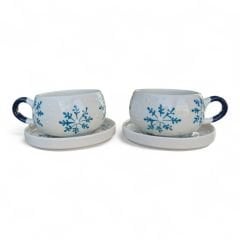Mavi Kar Tanesi Desenli 2 Adet Beren Tabaklı Kupa