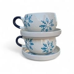 Mavi Kar Tanesi Desenli 2 Adet Beren Tabaklı Kupa