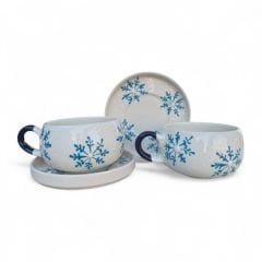 Mavi Kar Tanesi Desenli 2 Adet Beren Tabaklı Kupa