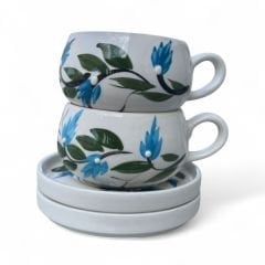 Mavi Üzüm Bağı Desenli 2 Adet Beren Tabaklı Kupa