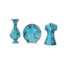 İlbay 30 cm Turkuaz Çini Seramik Vazo Tabak Kaftan Seti