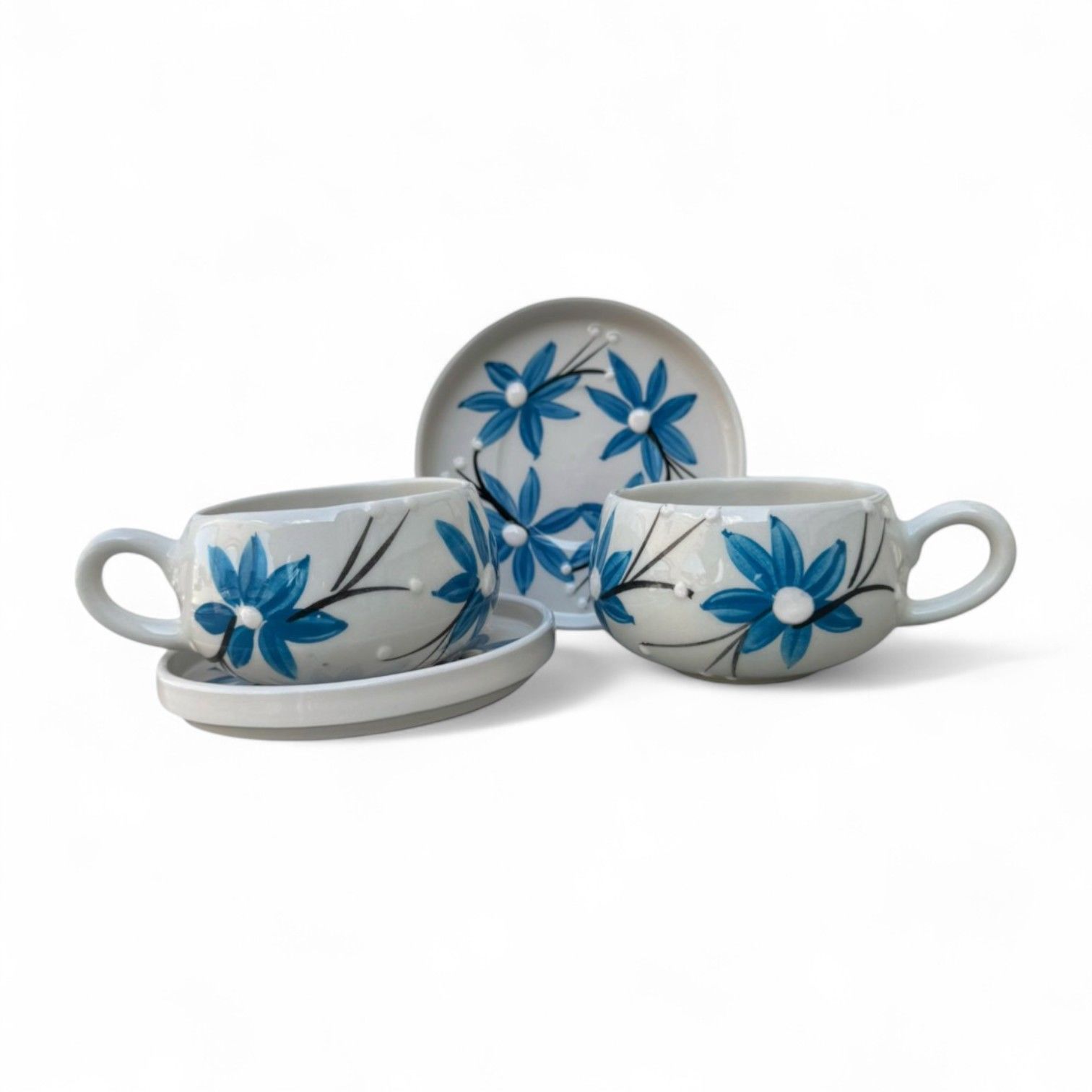 Mavi Zambak Desenli 2 Adet Beren Tabaklı Kupa