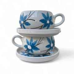 Mavi Zambak Desenli 2 Adet Beren Tabaklı Kupa