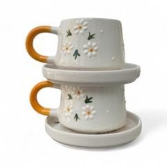 Papatya Buketi Desenli 2 Adet Beren Tabaklı Kupa