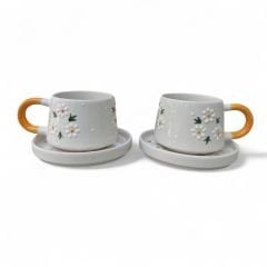 Papatya Buketi Desenli 2 Adet Beren Tabaklı Kupa