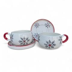 Siyah Kar Tanesi Desenli 2 Adet Beren Tabaklı Kupa