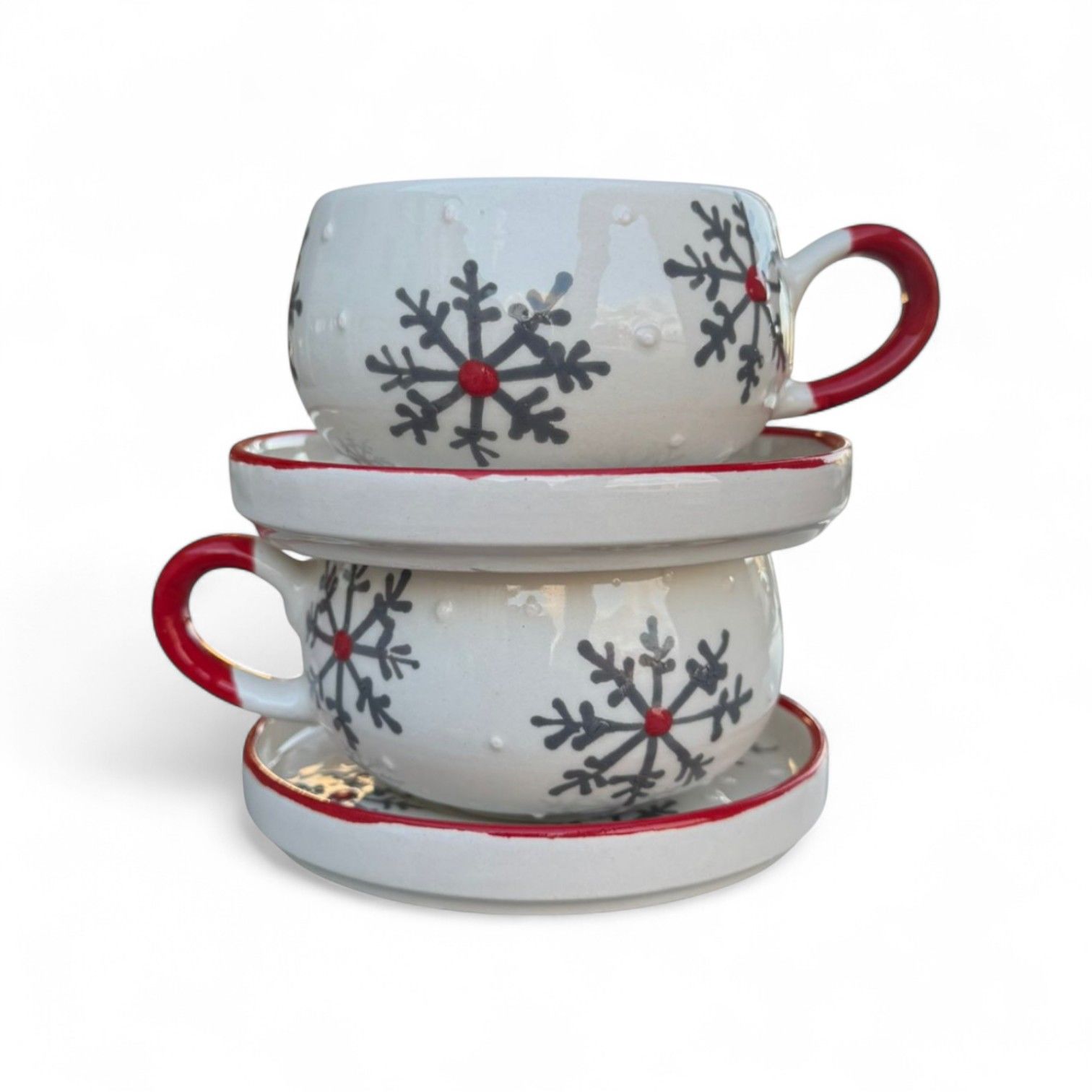 Siyah Kar Tanesi Desenli 2 Adet Beren Tabaklı Kupa