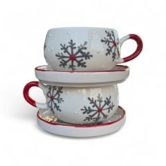 Siyah Kar Tanesi Desenli 2 Adet Beren Tabaklı Kupa