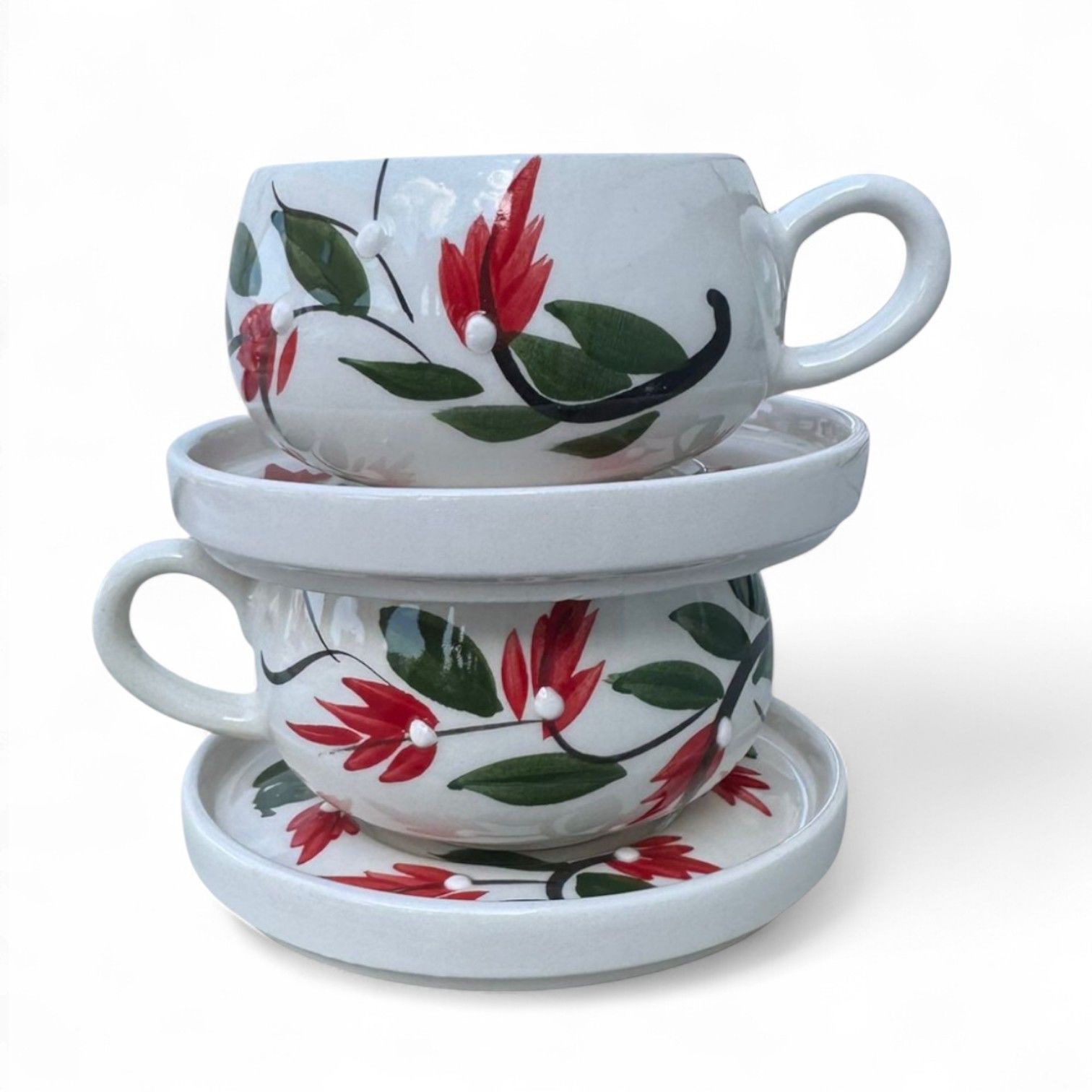 Kırmızı Üzüm Bağı Desenli 2 Adet Beren Tabaklı Kupa