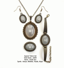 Kolye Bileklik Yüzük Küpe Aparat Takım Set 2205 Antik Sarı