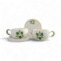 Yeşil Çiğdem Çiçeği Desenli 2 Adet Beren Tabaklı Kupa