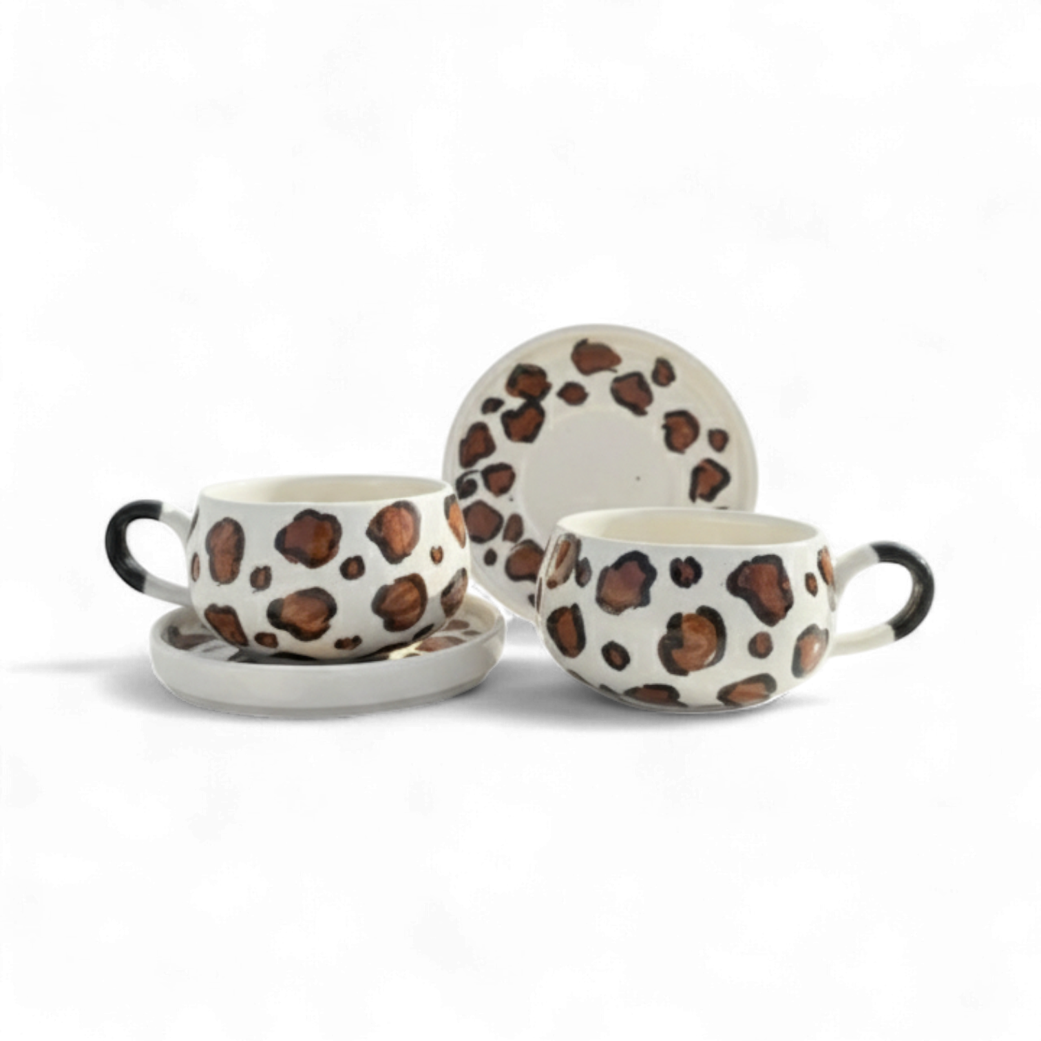 Kahverengi Leopar Desenli 2 Adet Beren Tabaklı Kupa