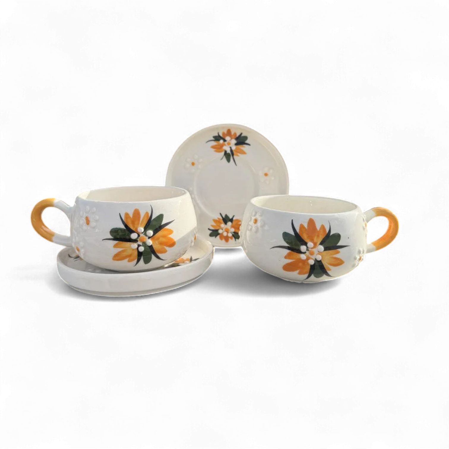 Kirli Sarı Çiğdem Çiçeği Beren Tabaklı Kupa, 2 Kupa 2 Tabak, El İşi Duble Çay Kahve Fincanı