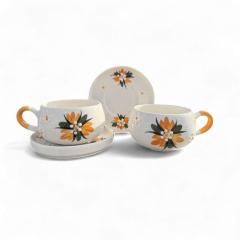 Kirli Sarı Çiğdem Çiçeği Beren Tabaklı Kupa, 2 Kupa 2 Tabak, El İşi Duble Çay Kahve Fincanı