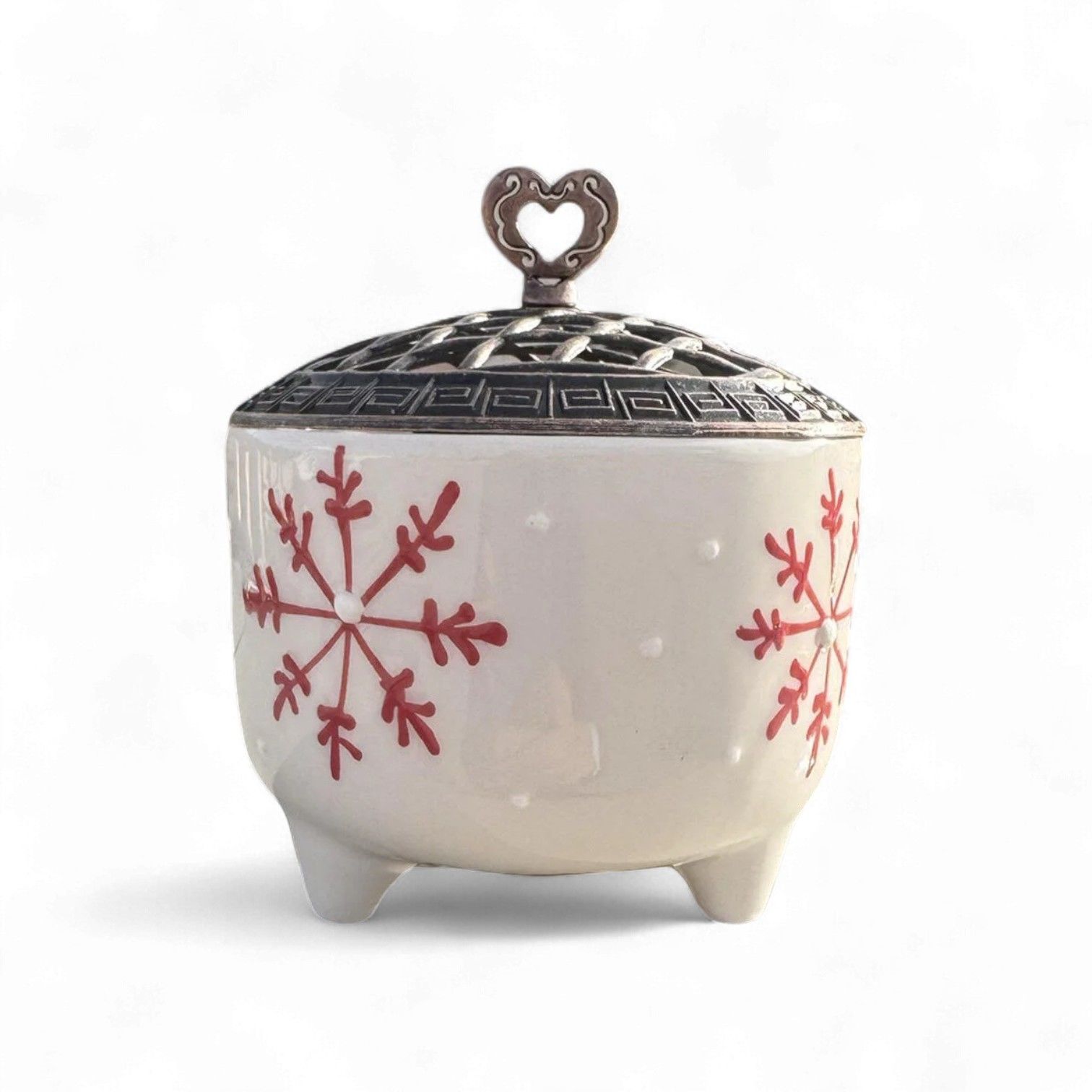 Kırmızı Kar Tanesi Desenli Metal Kapaklı Seramik Şekerlik