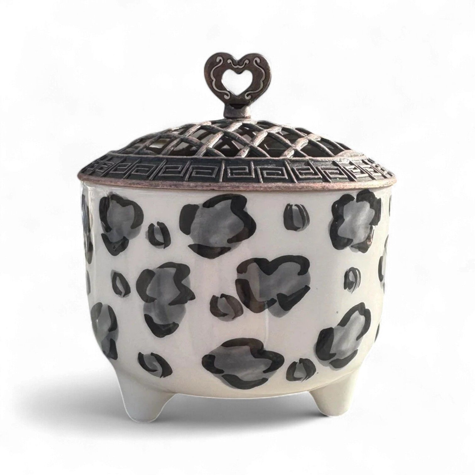 Gri Leopar Desenli Metal Kapaklı Seramik Şekerlik