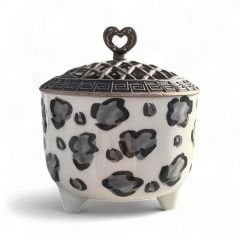 Gri Leopar Desenli Metal Kapaklı Seramik Şekerlik