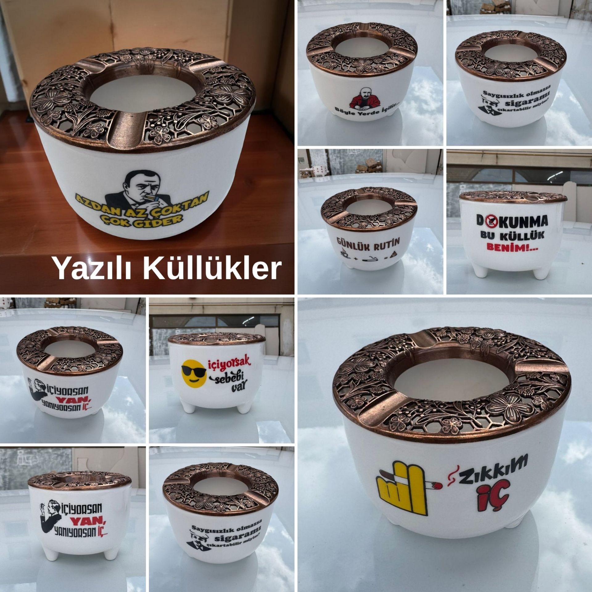 42 Adet Esprili Yazılı Ayşen Küllük Toptan Satış | Toptan Küllük | Metal Kapaklı Rüzgar Küllüğü