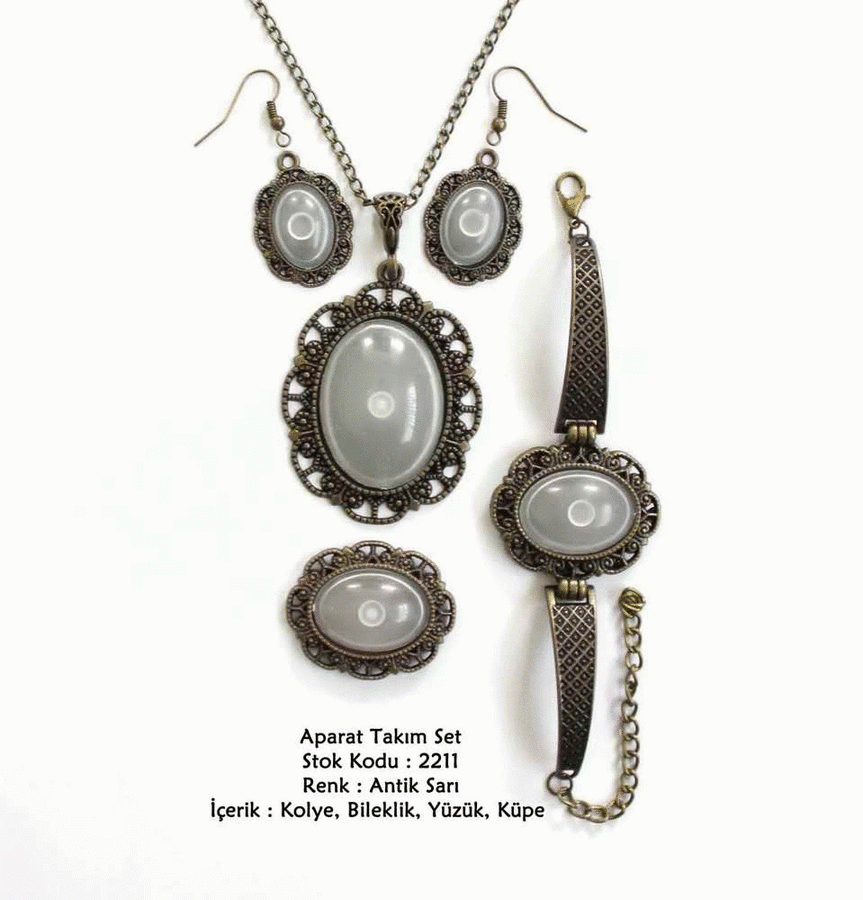 Kolye Bileklik Yüzük Küpe Aparat Takım Set 2211 Antik Sarı