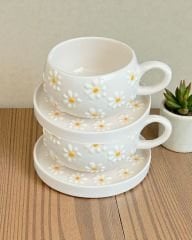 Çayır Papatya Desenli 2 Adet Beren Tabaklı Kupa