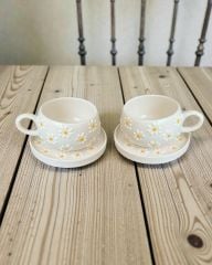 Çayır Papatya Desenli 2 Adet Beren Tabaklı Kupa