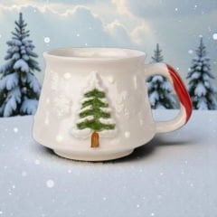 Kabartma Seramik yılbaşı Çam ağacı ve Kardanadam Desenli Kupa