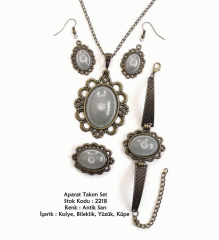 Kolye Bileklik Yüzük Küpe Aparat Takım Set 2218 Antik Sarı