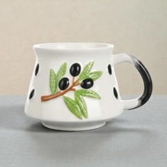 Kabartma Zeytin Dalı Desenli Seramik Kupa