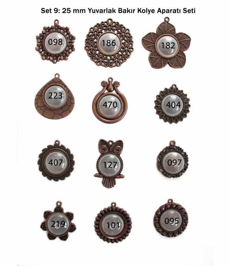 Set 09:  Bakır Renk 25 mm Yuvarlak 12 Adet Zincirli Metal Kolye Aparatı Seti