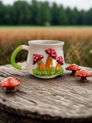 Kabartma Mantar Desenli Seramik Kupa