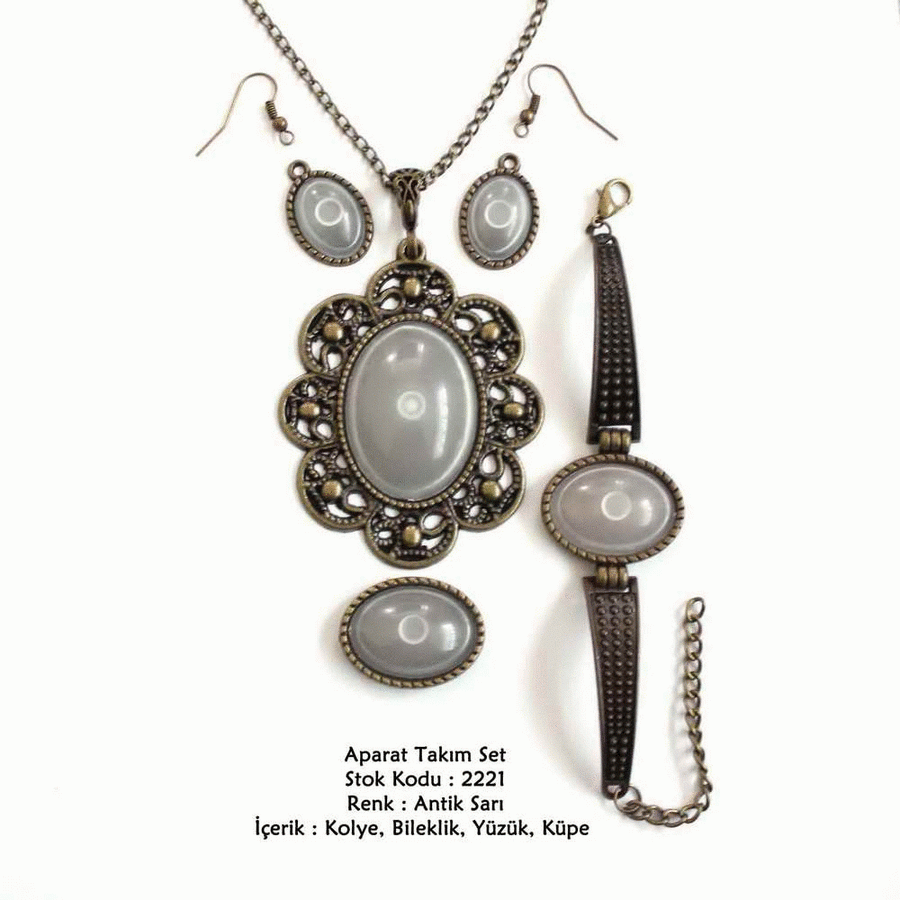 Kolye Bileklik Yüzük Küpe Aparat Takım Set 2221 Antik Sarı